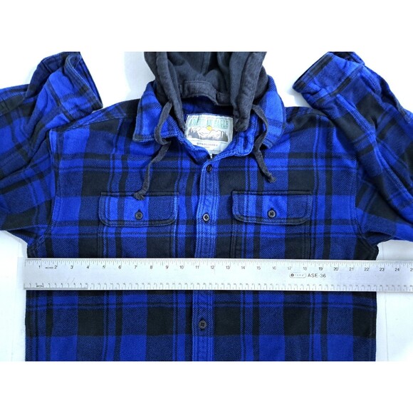 American Eagle Flannel Hoodie Mens Medium Blue Black Plaid Heavyweight Vintage - Picture 8 of 10